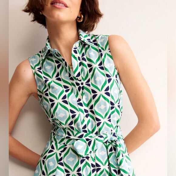 Boden Amy Sleeveless Shirt Dress Green Tambourine Diamond Wave Size 10P Petite - Picture 2 of 13